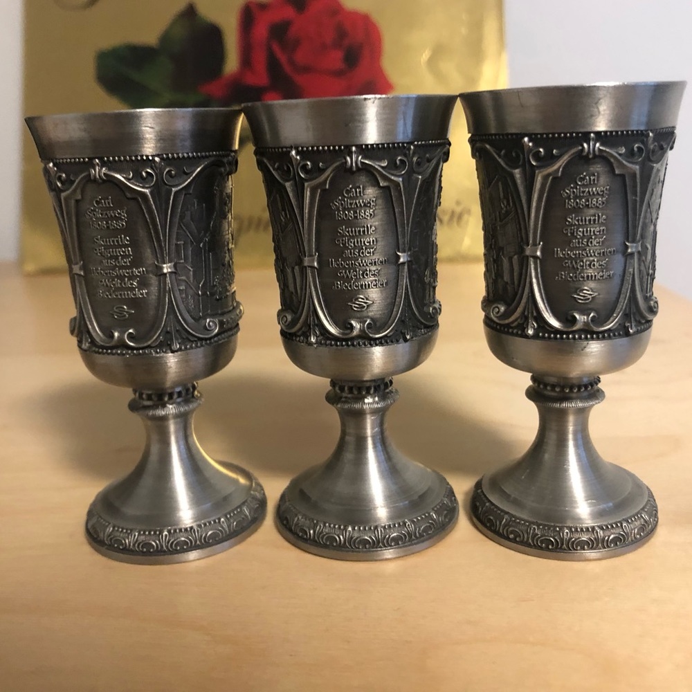 WMF Zinn Pewter shot cups/chalice/goblet. Memorial of Carl Spitzweg (1808-1885).